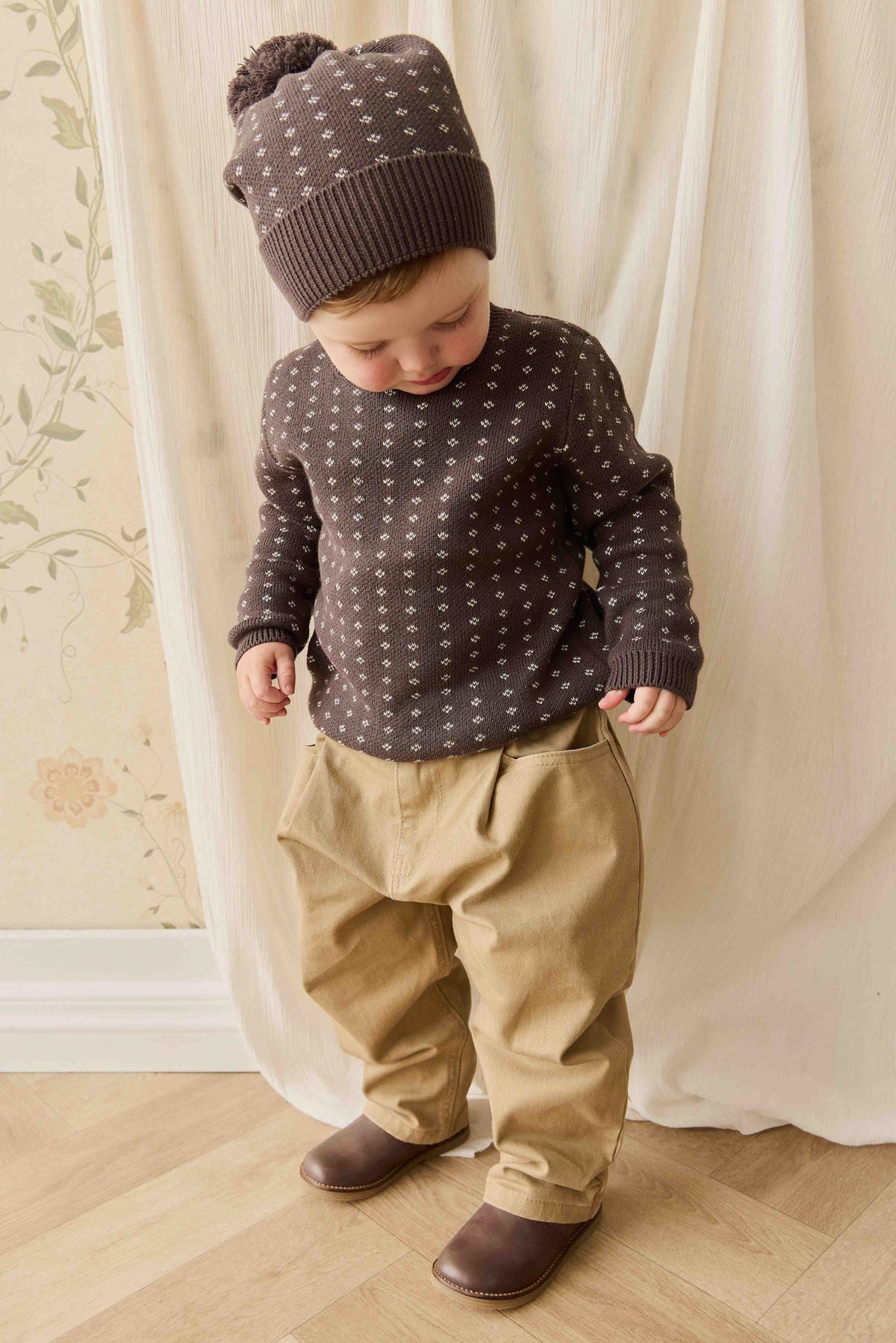 Pull en coton tricoté losanges marron café douillet avec poignets côtelés pour bébés et enfants (pour superposer)