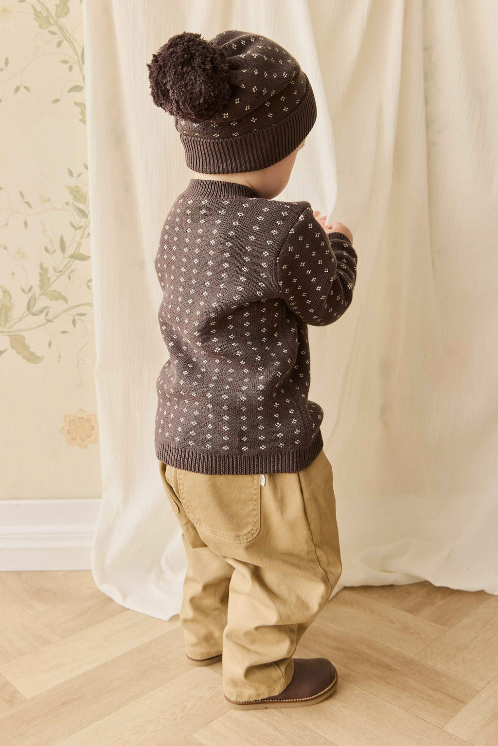 Pull en coton tricoté losanges marron café douillet avec poignets côtelés pour bébés et enfants (pour superposer)