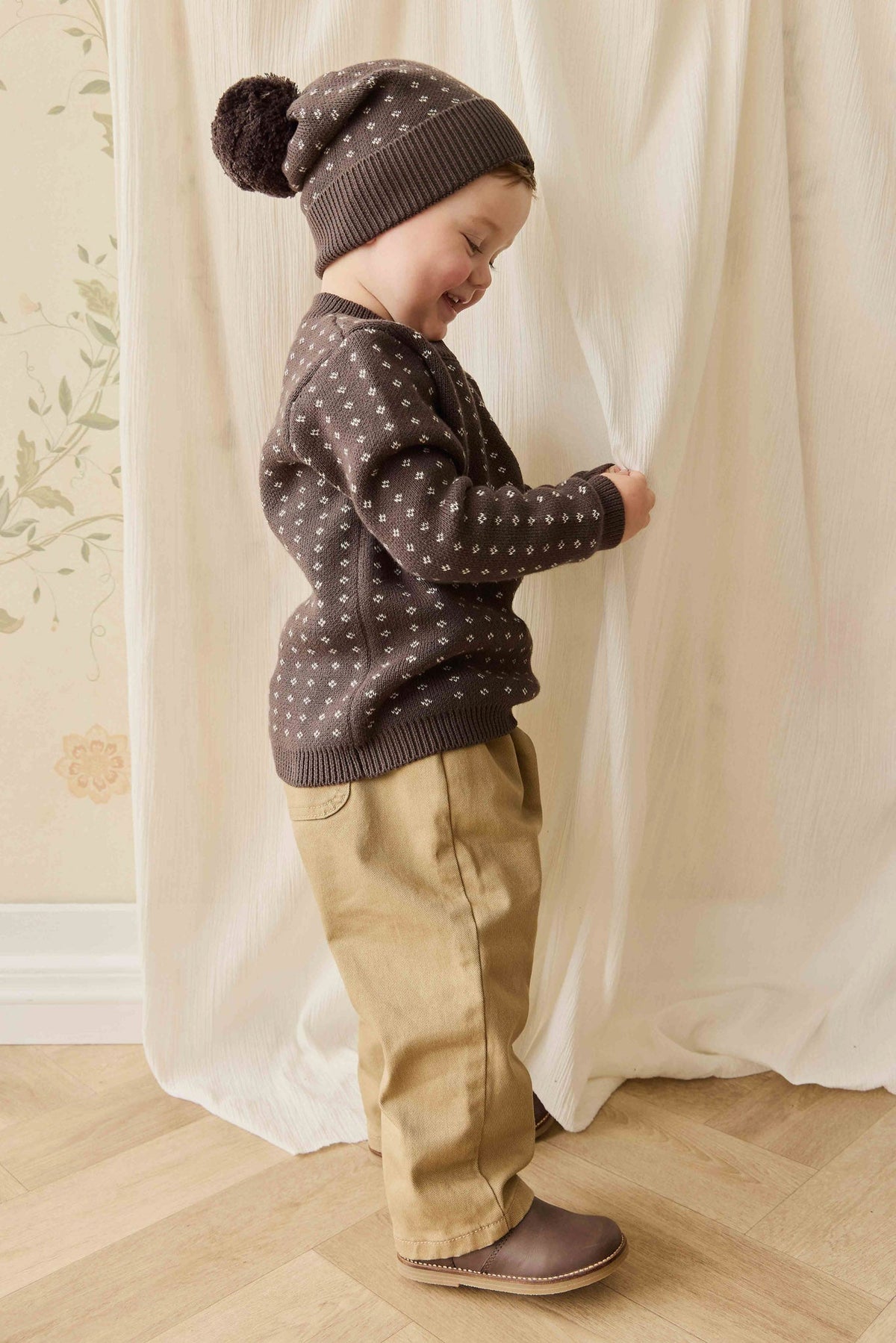 Pull en coton tricoté losanges marron café douillet avec poignets côtelés pour bébés et enfants (pour superposer)