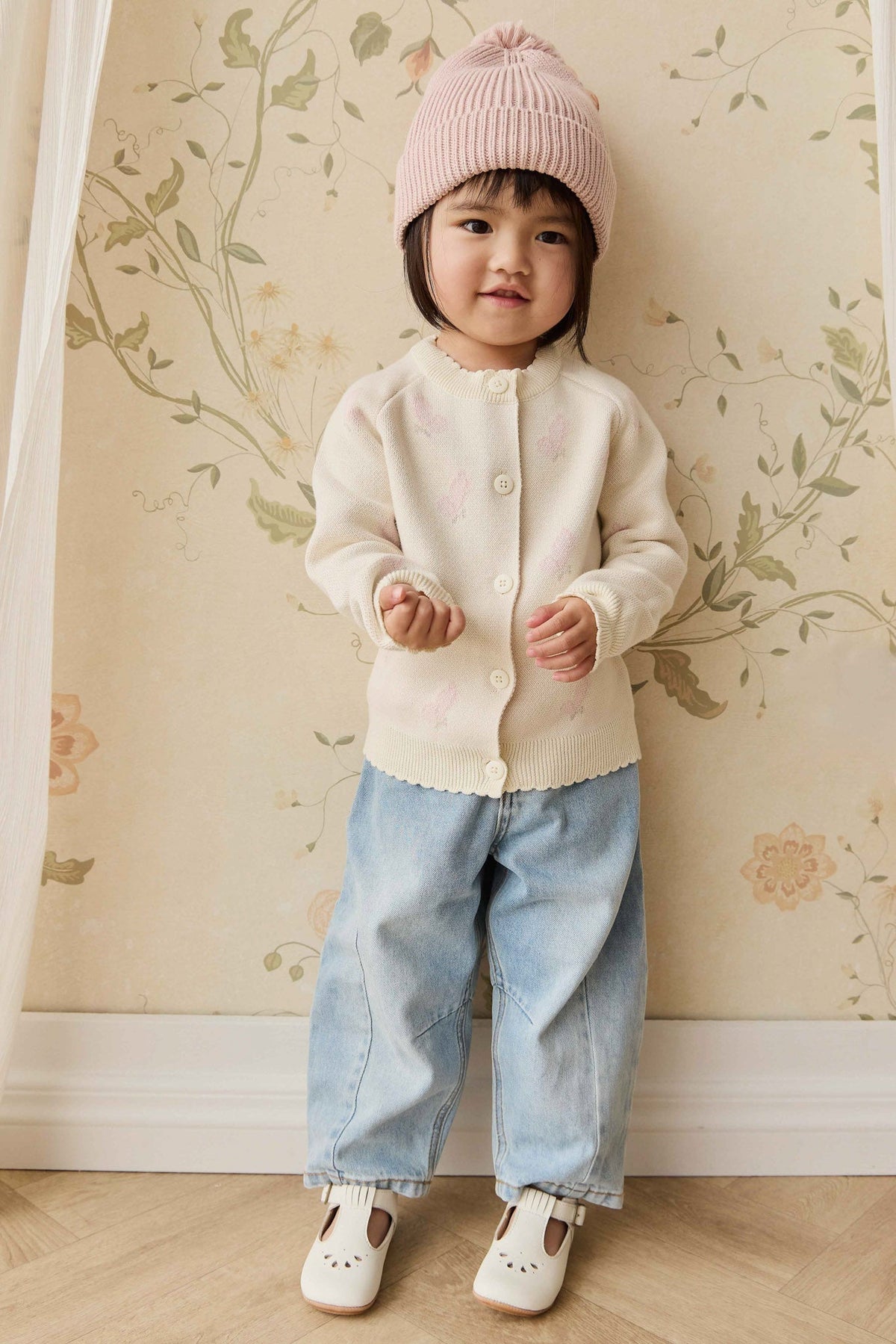 Cardigan en coton jacquard papillons pour fille avec volant et boutonnage
