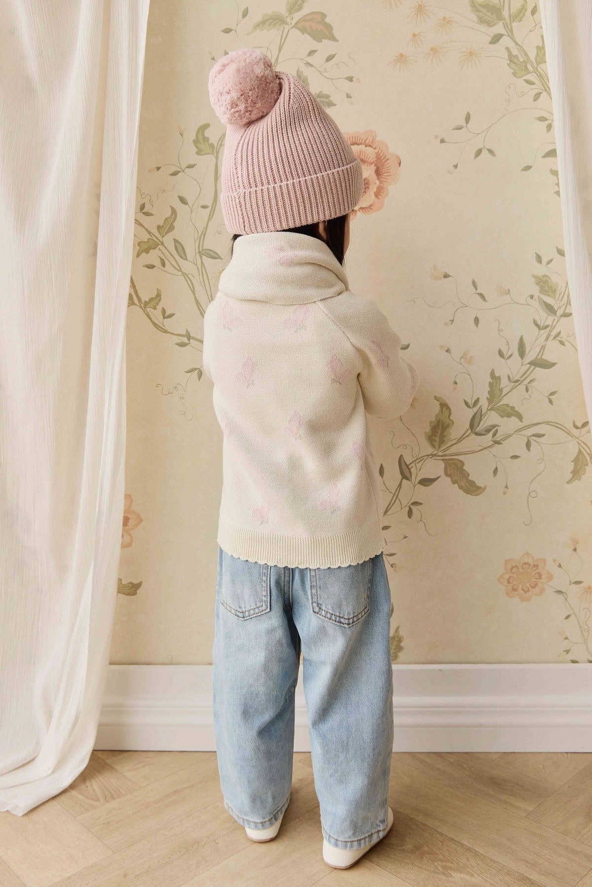 Cardigan en coton jacquard papillons pour fille avec volant et boutonnage