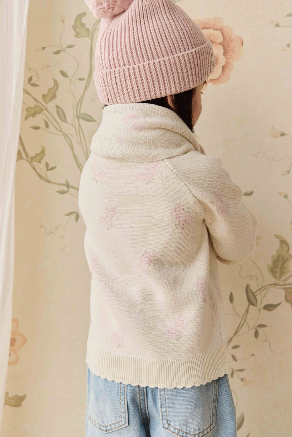 Cardigan en coton jacquard papillons pour fille avec volant et boutonnage