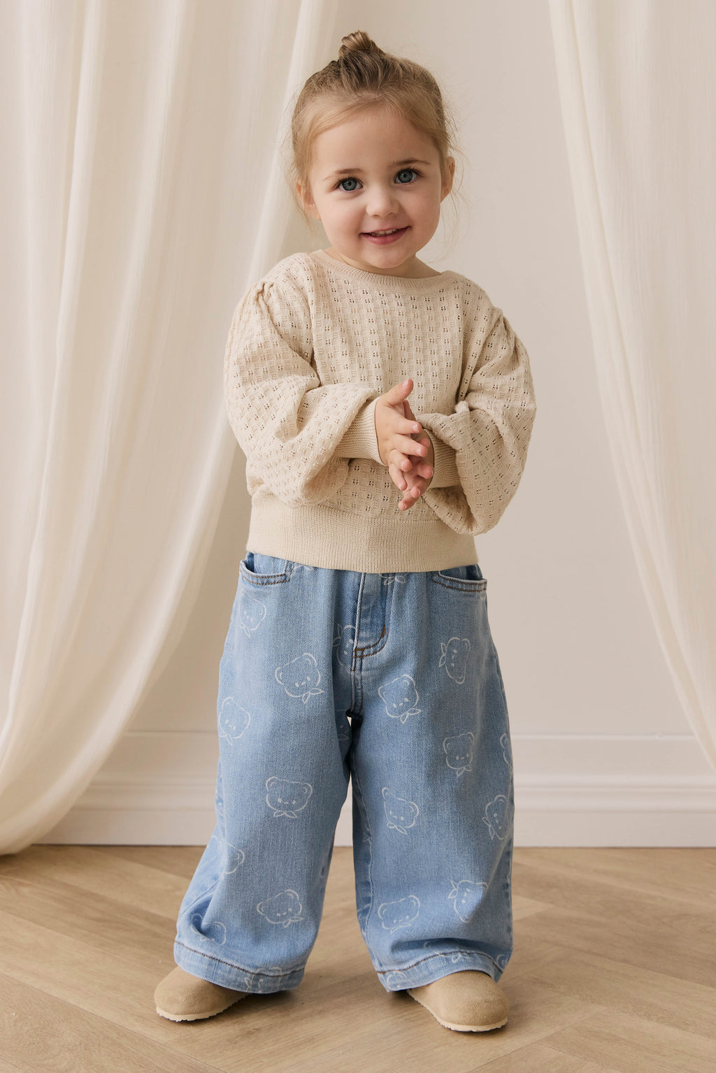 Pull en coton tricoté texturé vanille douce avec manches bouffantes pour bébés et filles, usage quotidien