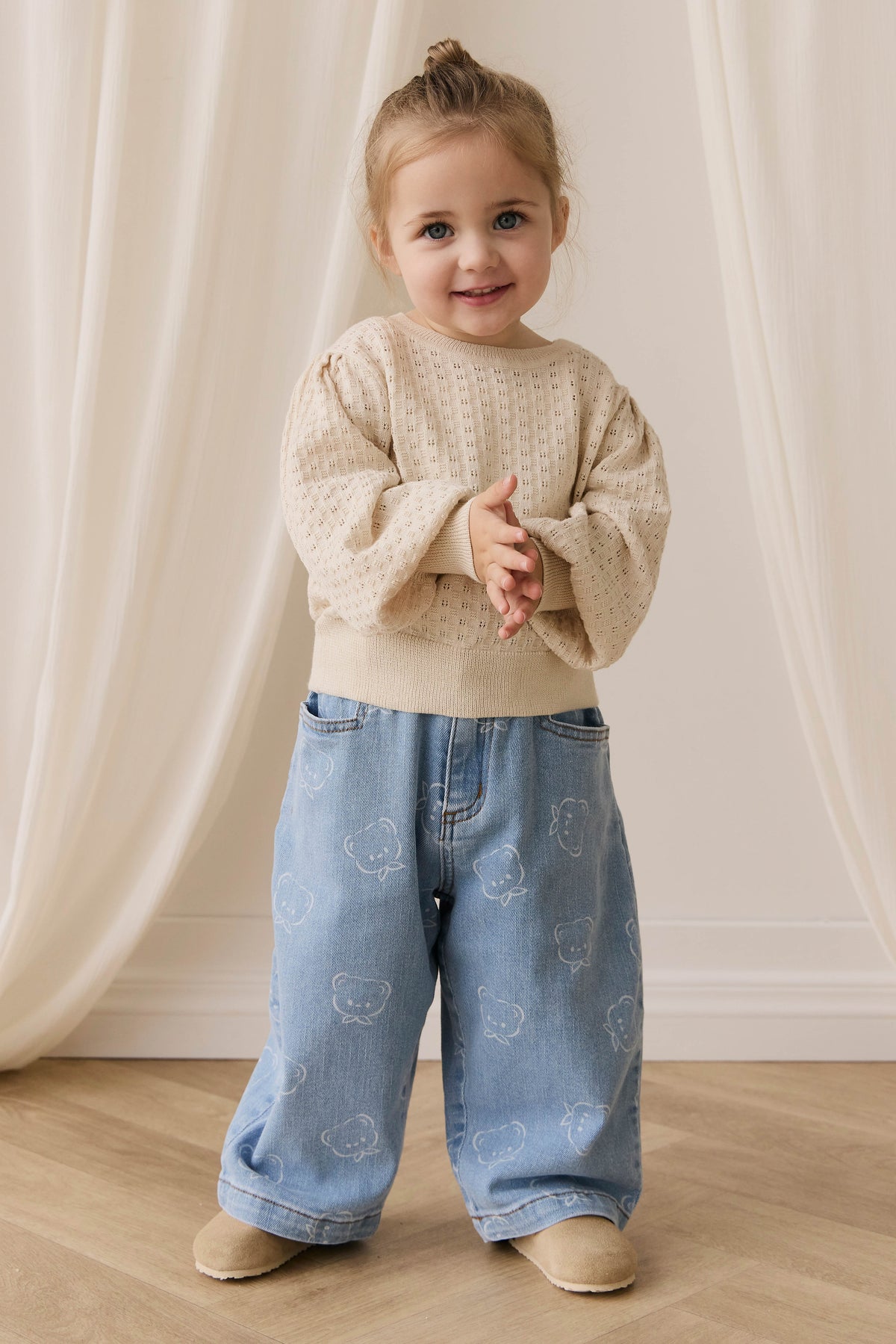 Pull en coton tricoté texturé vanille douce avec manches bouffantes pour bébés et filles, usage quotidien