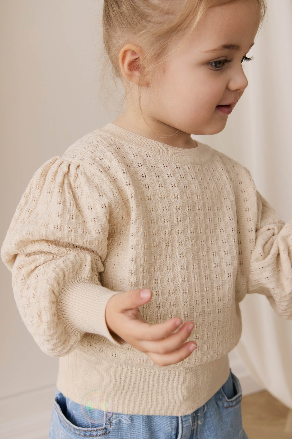 Pull en coton tricoté texturé vanille douce avec manches bouffantes pour bébés et filles, usage quotidien