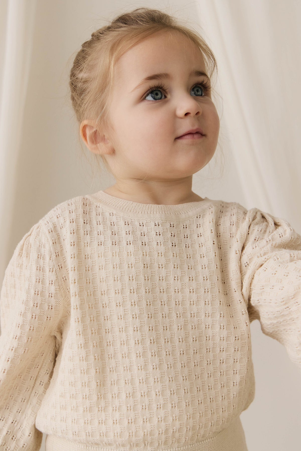 Pull en coton tricoté texturé vanille douce avec manches bouffantes pour bébés et filles, usage quotidien