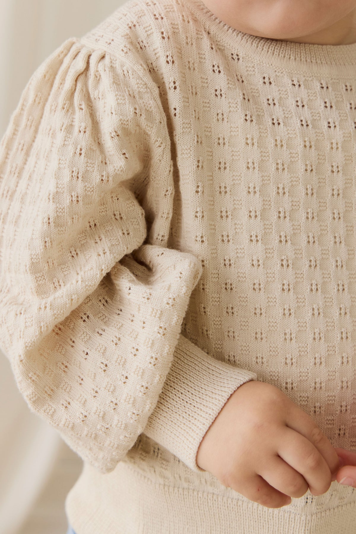 Pull en coton tricoté texturé vanille douce avec manches bouffantes pour bébés et filles, usage quotidien