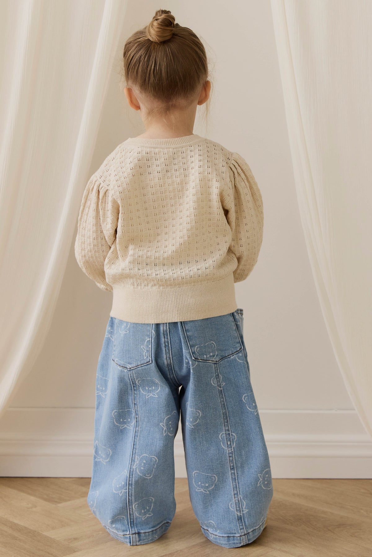 Pull en coton tricoté texturé vanille douce avec manches bouffantes pour bébés et filles, usage quotidien