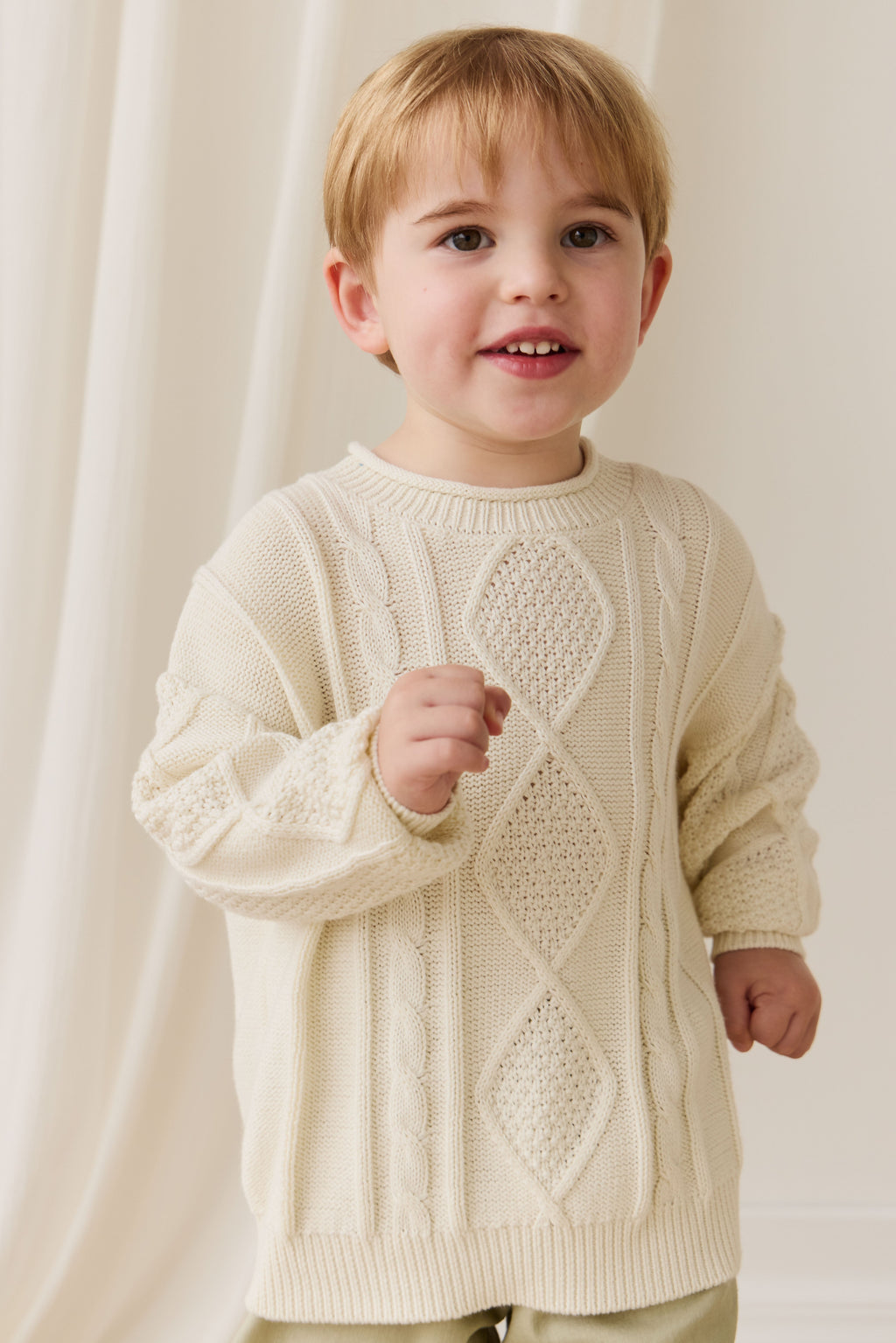 Pull en coton doux blanc nuage à torsades avec poignets côtelés pour bébé et enfant (superposition)