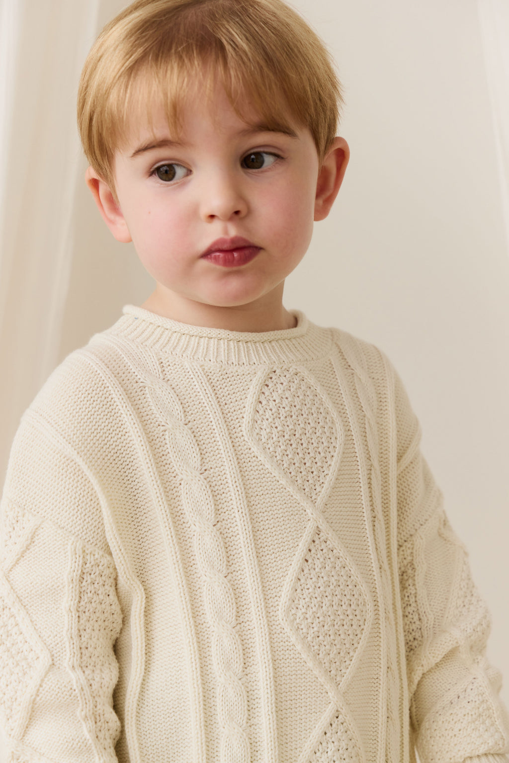 Pull en coton doux blanc nuage à torsades avec poignets côtelés pour bébé et enfant (superposition)