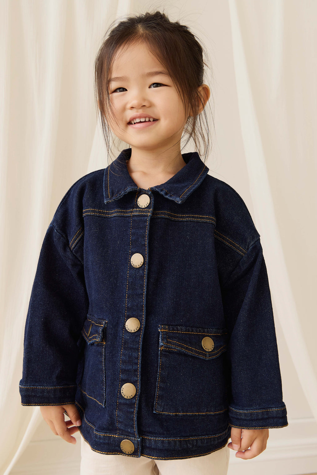 Veste Enfant Classique en Jean Indigo en Coton Élasthanne avec Boutons sur le Devant et Poches Plaques