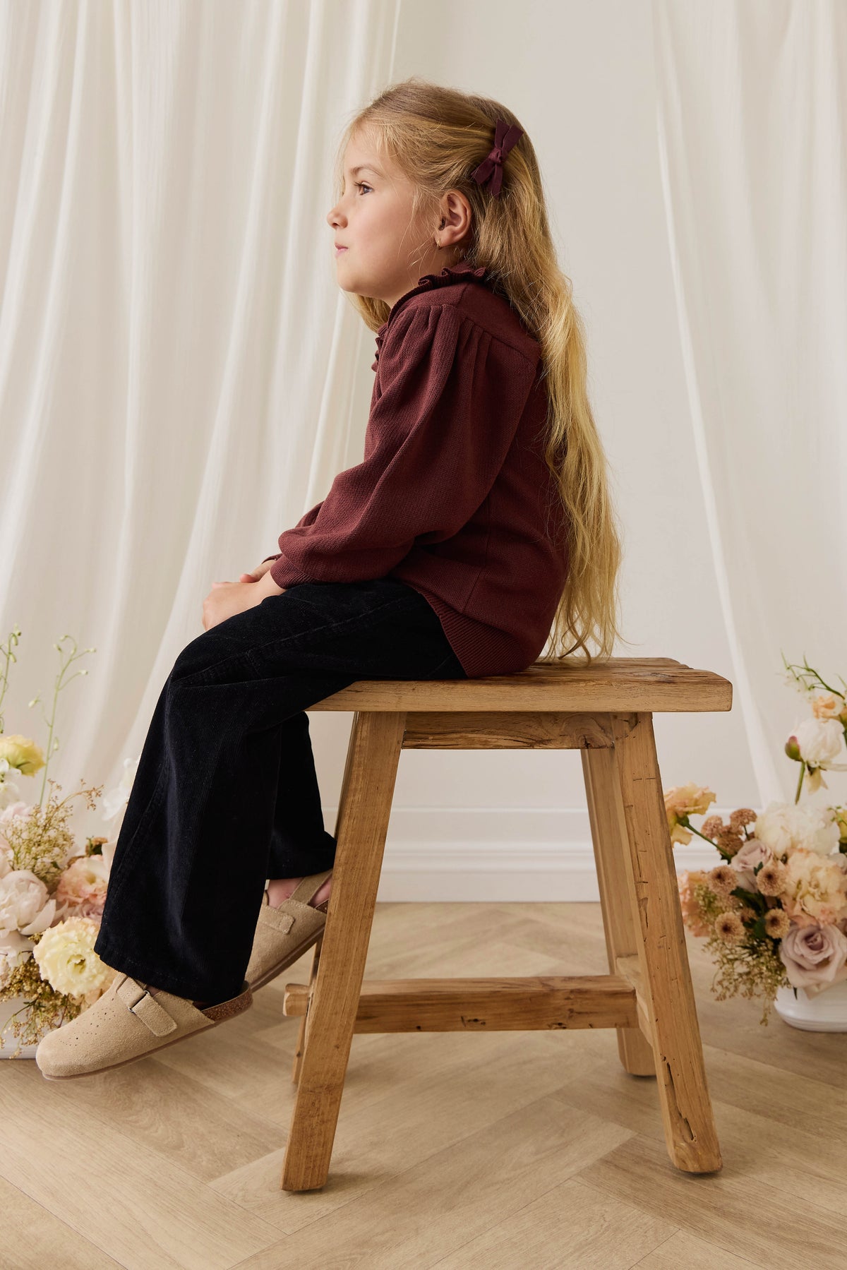 Pantalon classique en velours côtelé ébène coton-élasthanne avec taille élastiquée et poches fonctionnelles pour enfants