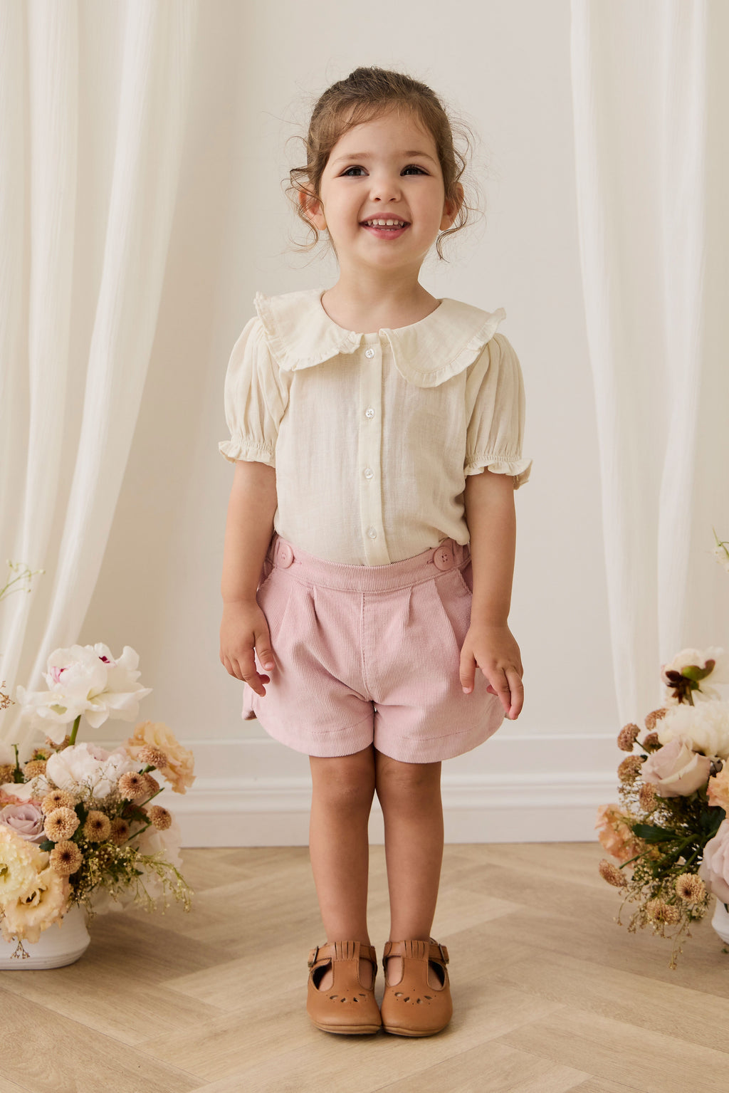 Blouse Fille en Mousseline de Coton Bio au Col Claudine et Manches Bouffantes - Parchemin Féminin