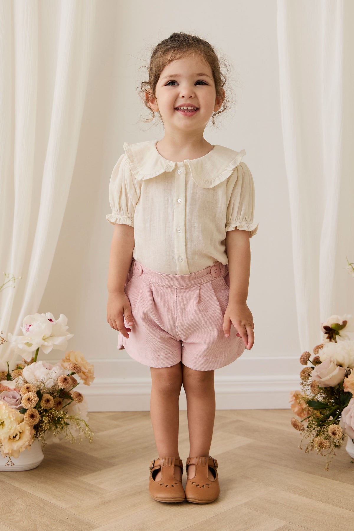 Blouse Fille en Mousseline de Coton Bio au Col Claudine et Manches Bouffantes - Parchemin Féminin