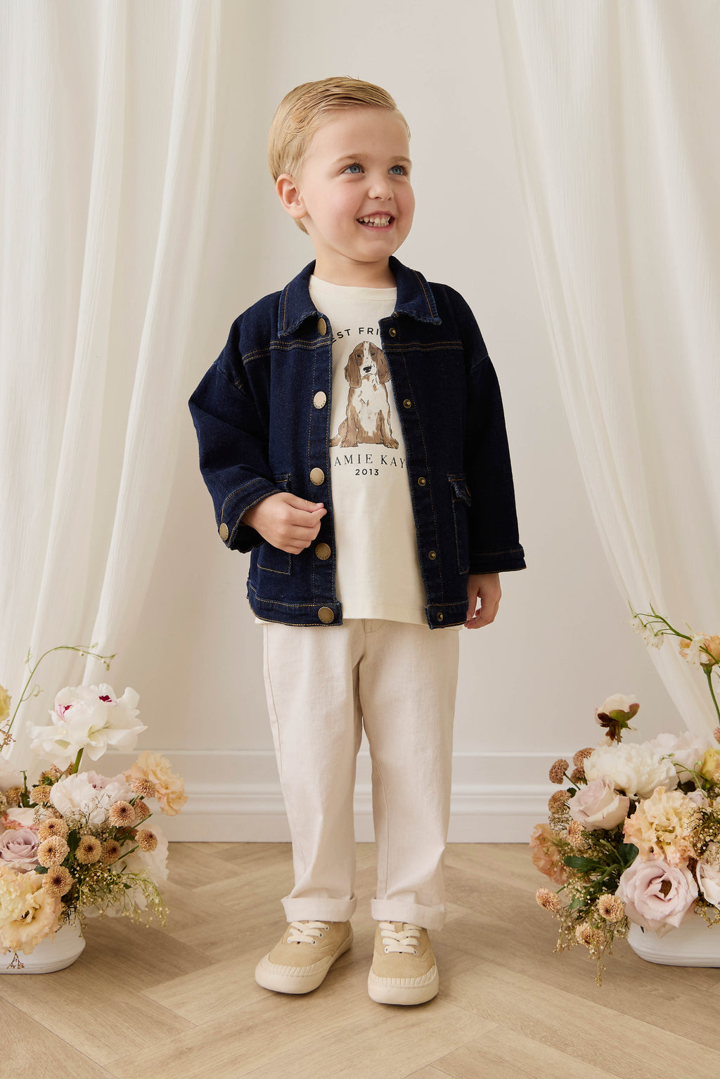 Veste Enfant Classique en Jean Indigo en Coton Élasthanne avec Boutons sur le Devant et Poches Plaques