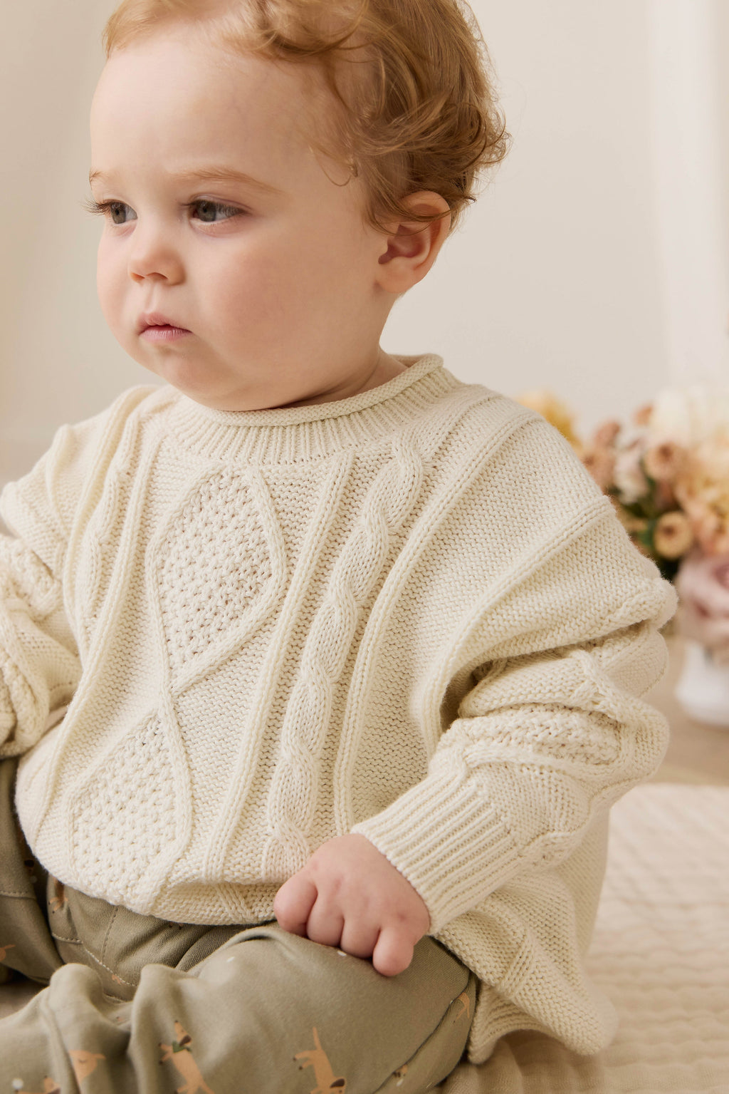 Pull en coton doux blanc nuage à torsades avec poignets côtelés pour bébé et enfant (superposition)