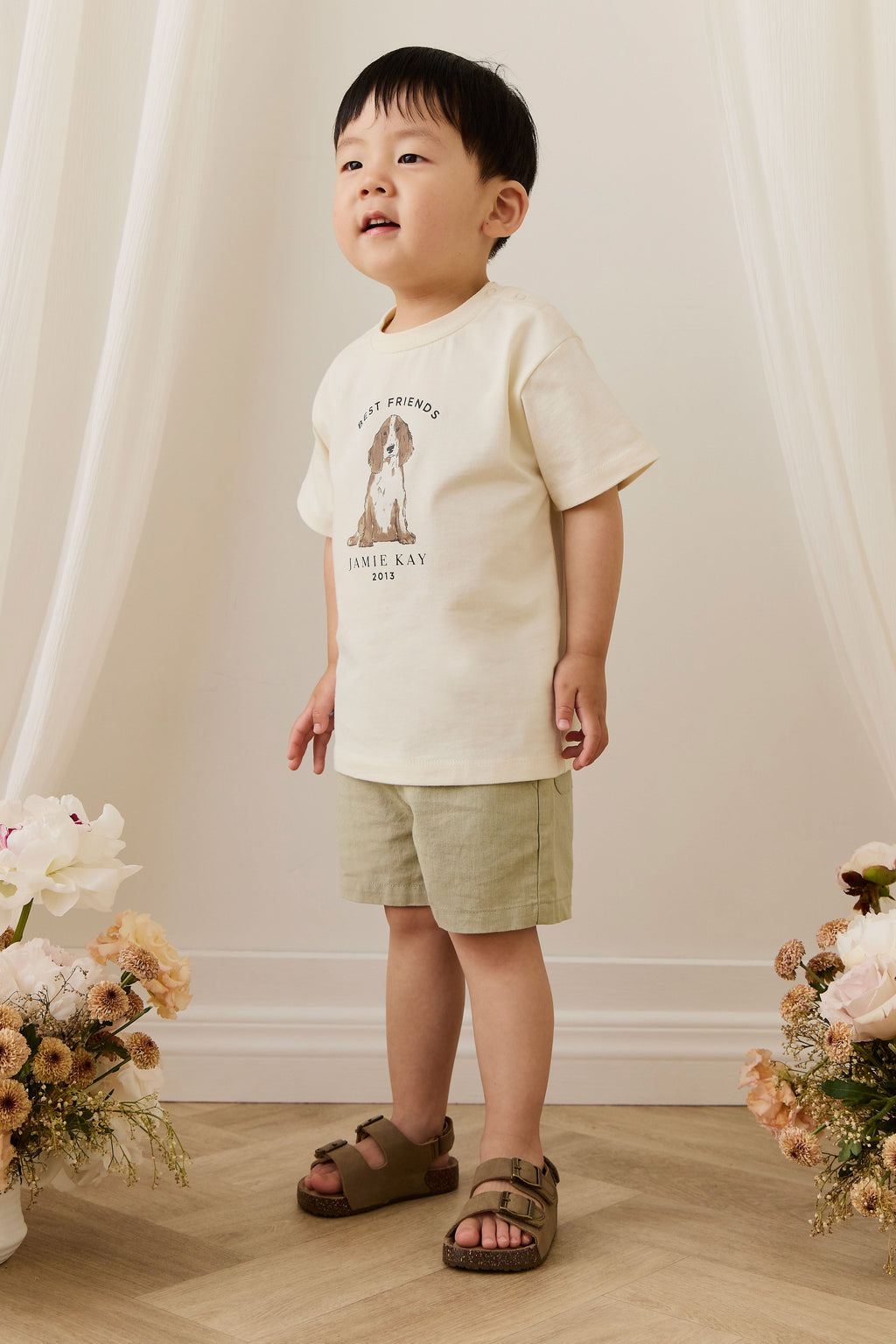 Short décontracté en mélange lin-coton « Lichen » avec taille élastique à cordon de serrage pour enfants