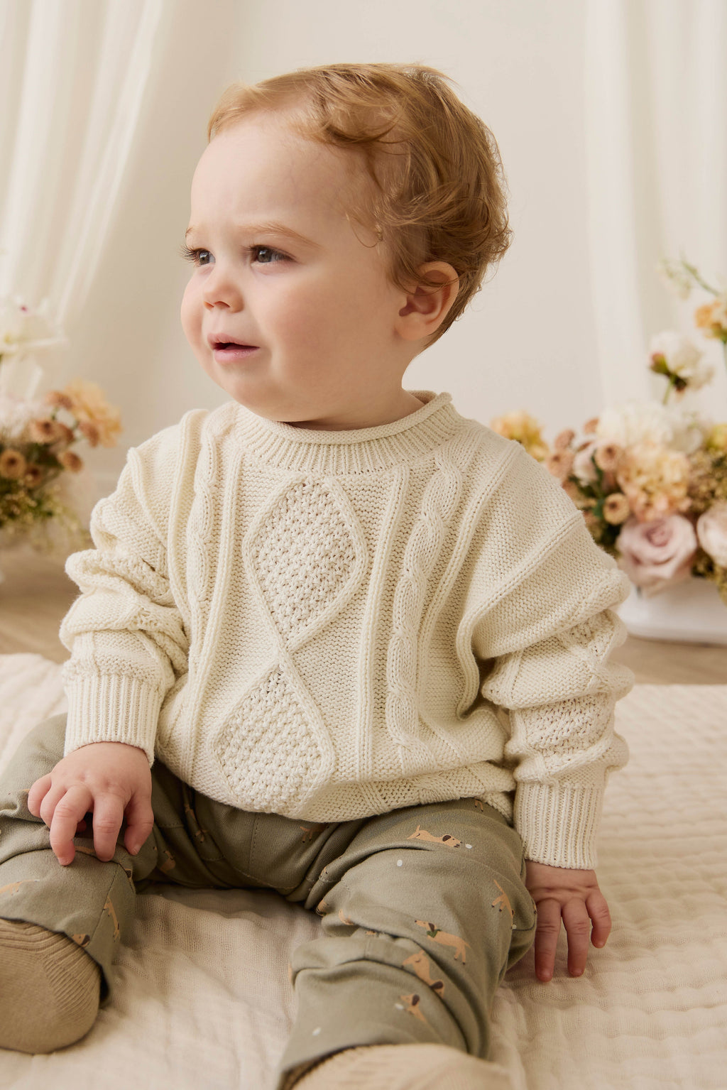 Pull en coton doux blanc nuage à torsades avec poignets côtelés pour bébé et enfant (superposition)