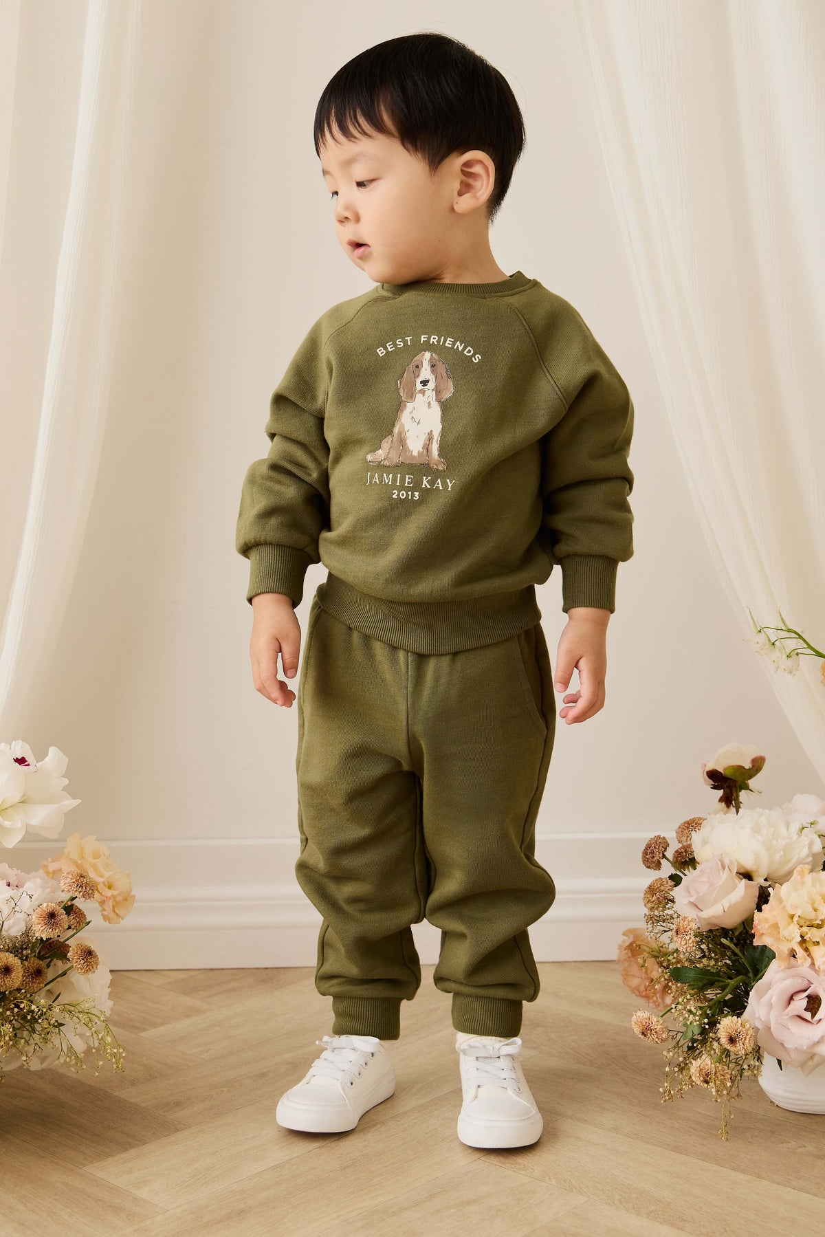 Pantalon de jogging en coton biologique Sicilian Olive décontracté avec cordon de serrage élastique à la taille pour enfants