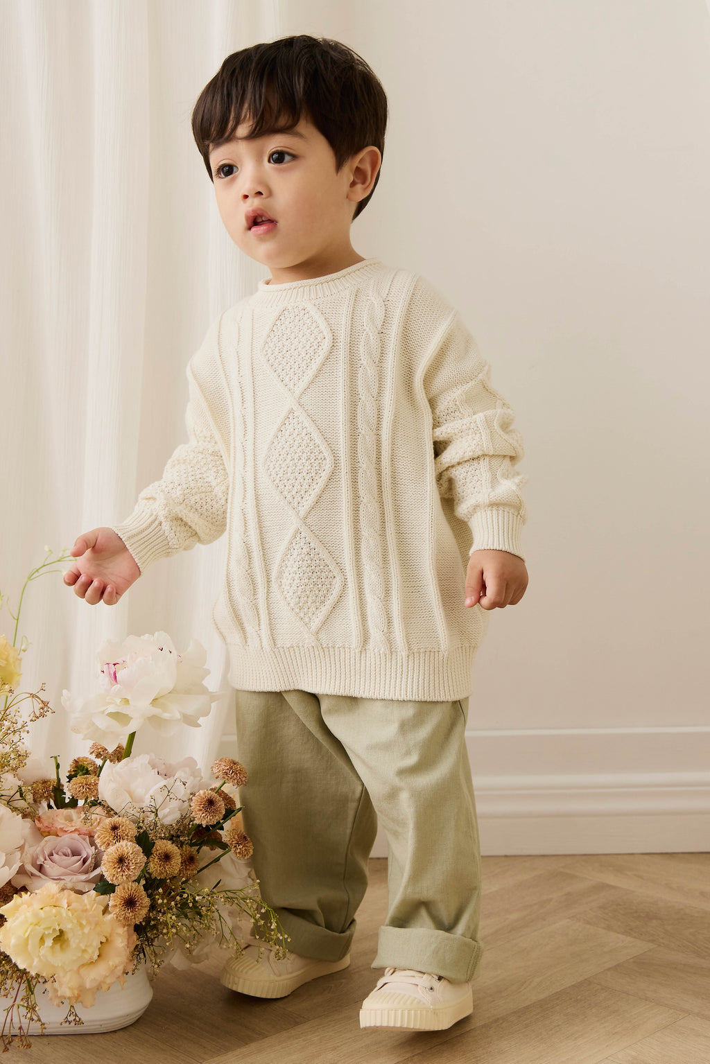 Pull en coton doux blanc nuage à torsades avec poignets côtelés pour bébé et enfant (superposition)