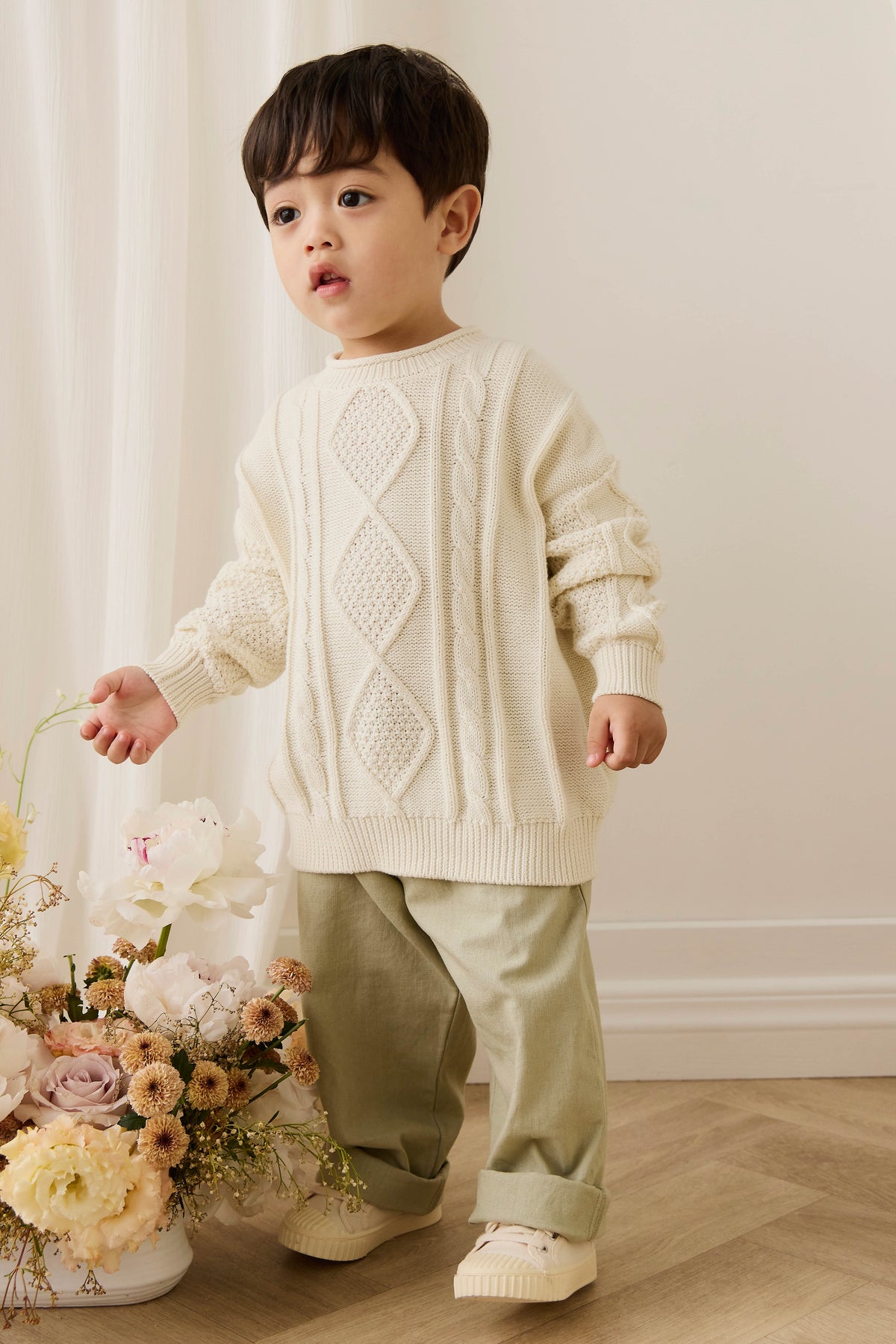 Pull en coton doux blanc nuage à torsades avec poignets côtelés pour bébé et enfant (superposition)
