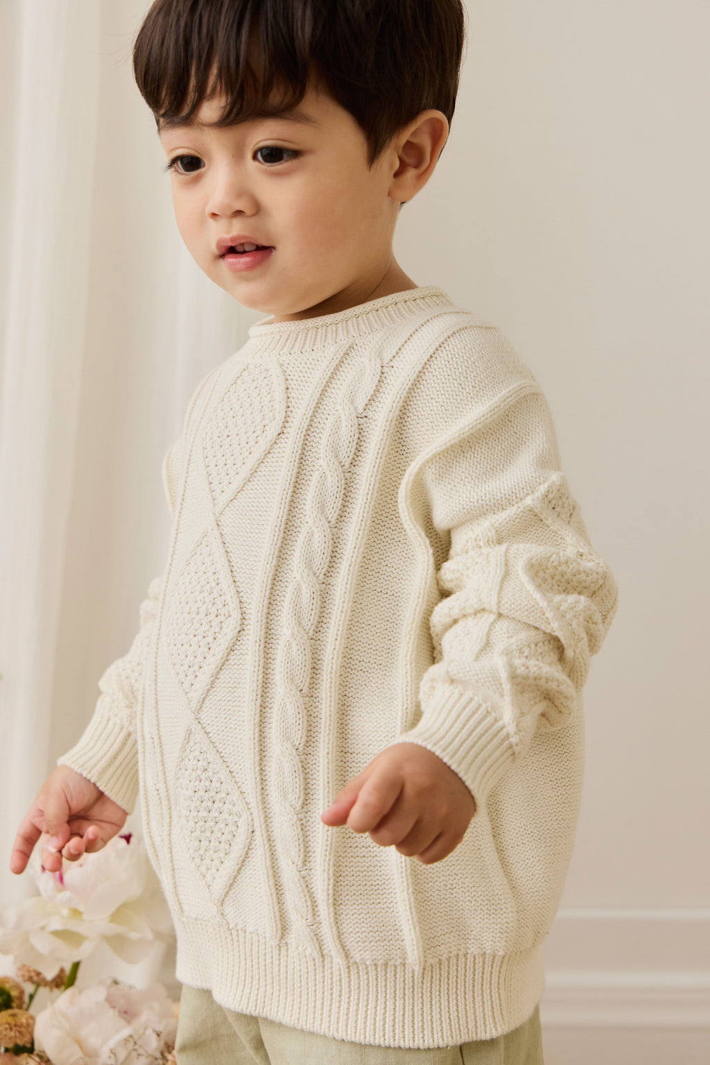 Pull en coton doux blanc nuage à torsades avec poignets côtelés pour bébé et enfant (superposition)