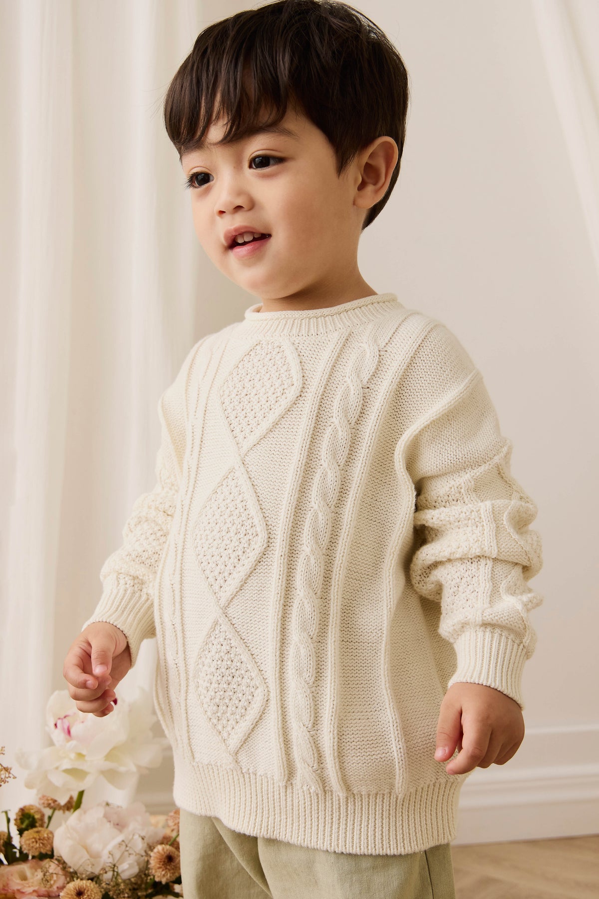 Pull en coton doux blanc nuage à torsades avec poignets côtelés pour bébé et enfant (superposition)