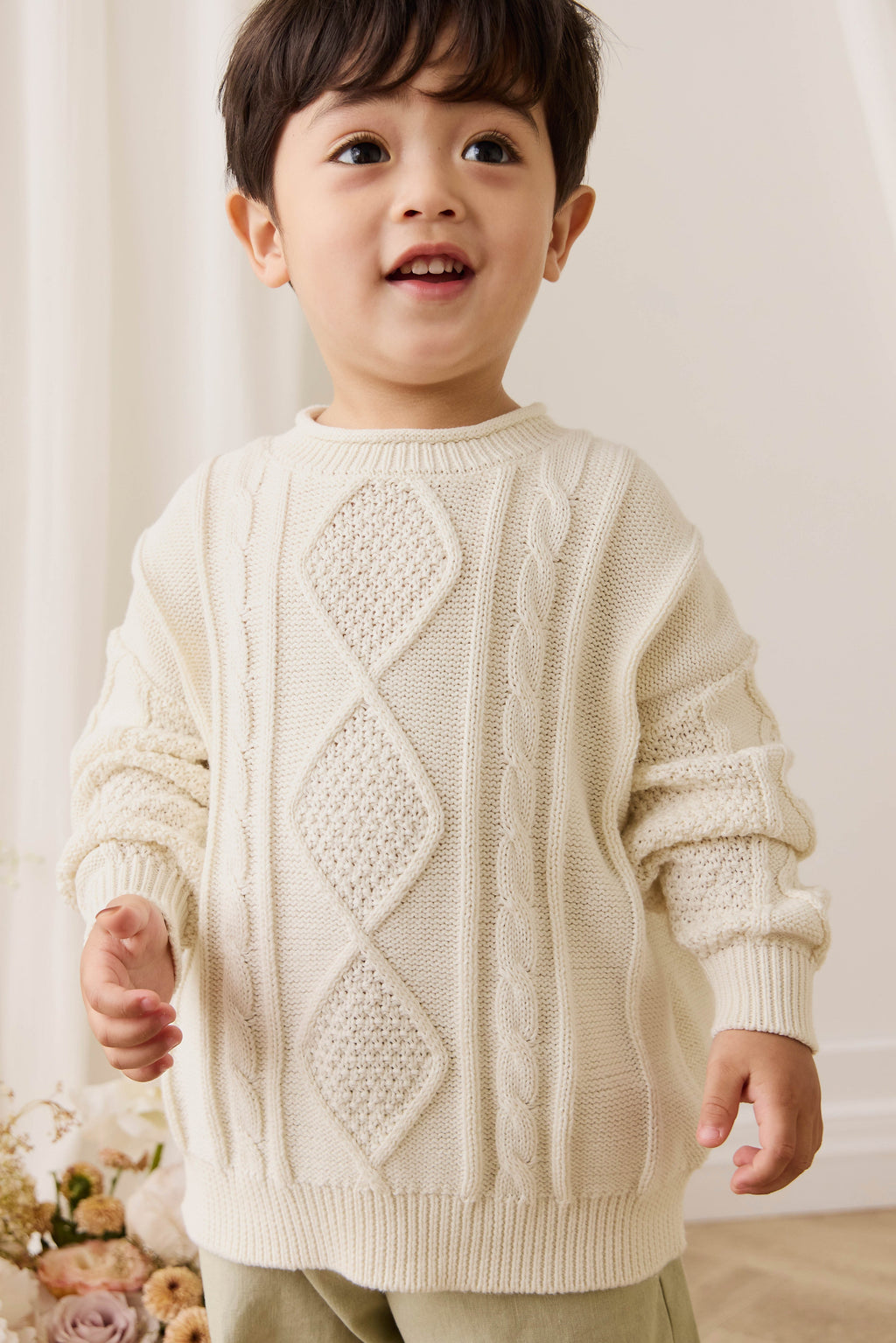 Pull en coton doux blanc nuage à torsades avec poignets côtelés pour bébé et enfant (superposition)