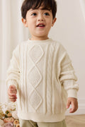 Pull en coton doux blanc nuage à torsades avec poignets côtelés pour bébé et enfant (superposition)