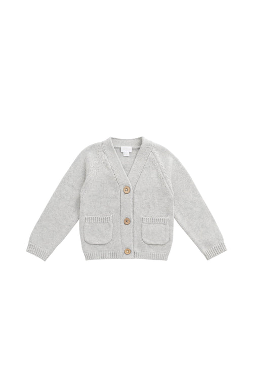 Cardigan classique en molleton de coton gris clair chiné à boutonner pour bébés et enfants, usage quotidien.