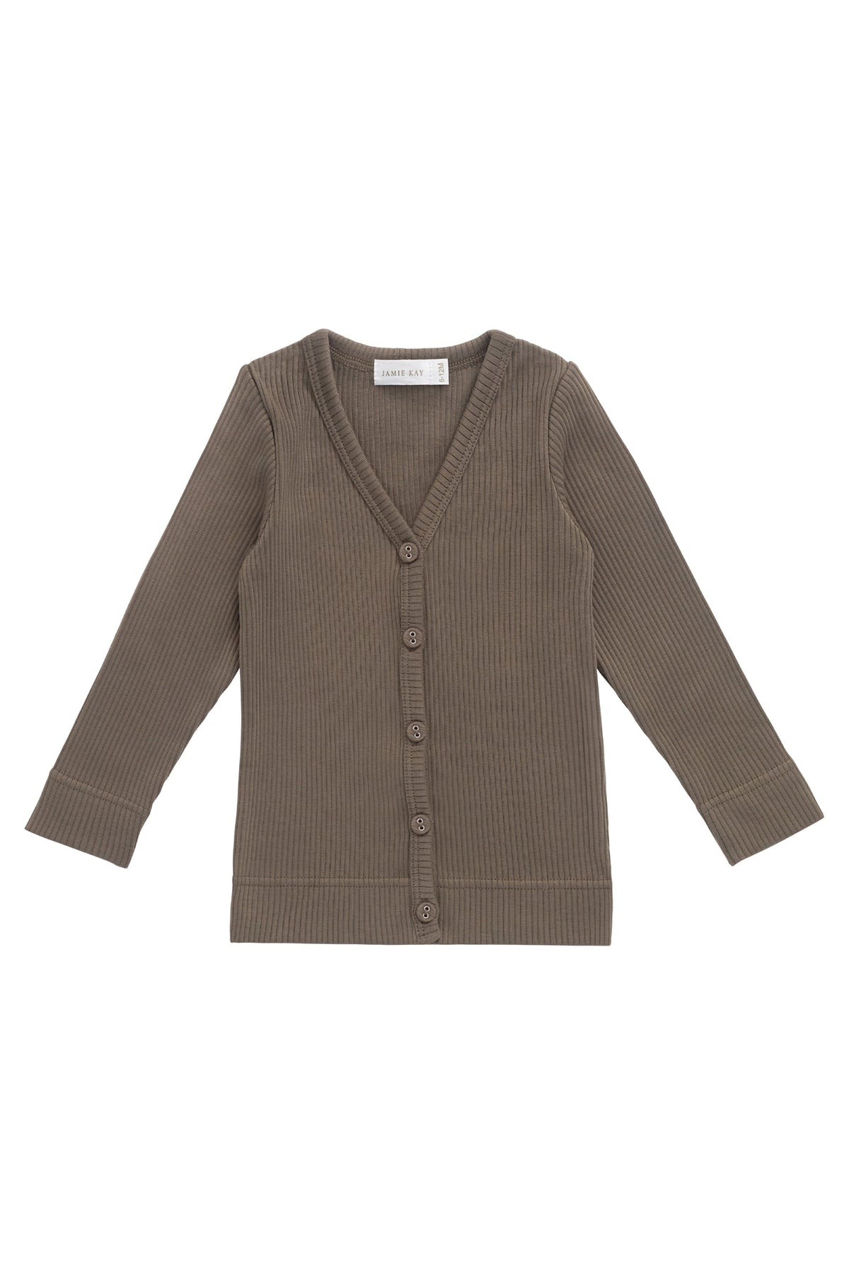 Cardigan pour enfants en coton modal biologique côtelé, col en V et boutons en noix de coco, coloris écorce de sapin classique
