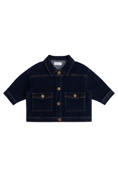 Veste Enfant Classique en Jean Indigo en Coton Élasthanne avec Boutons sur le Devant et Poches Plaques