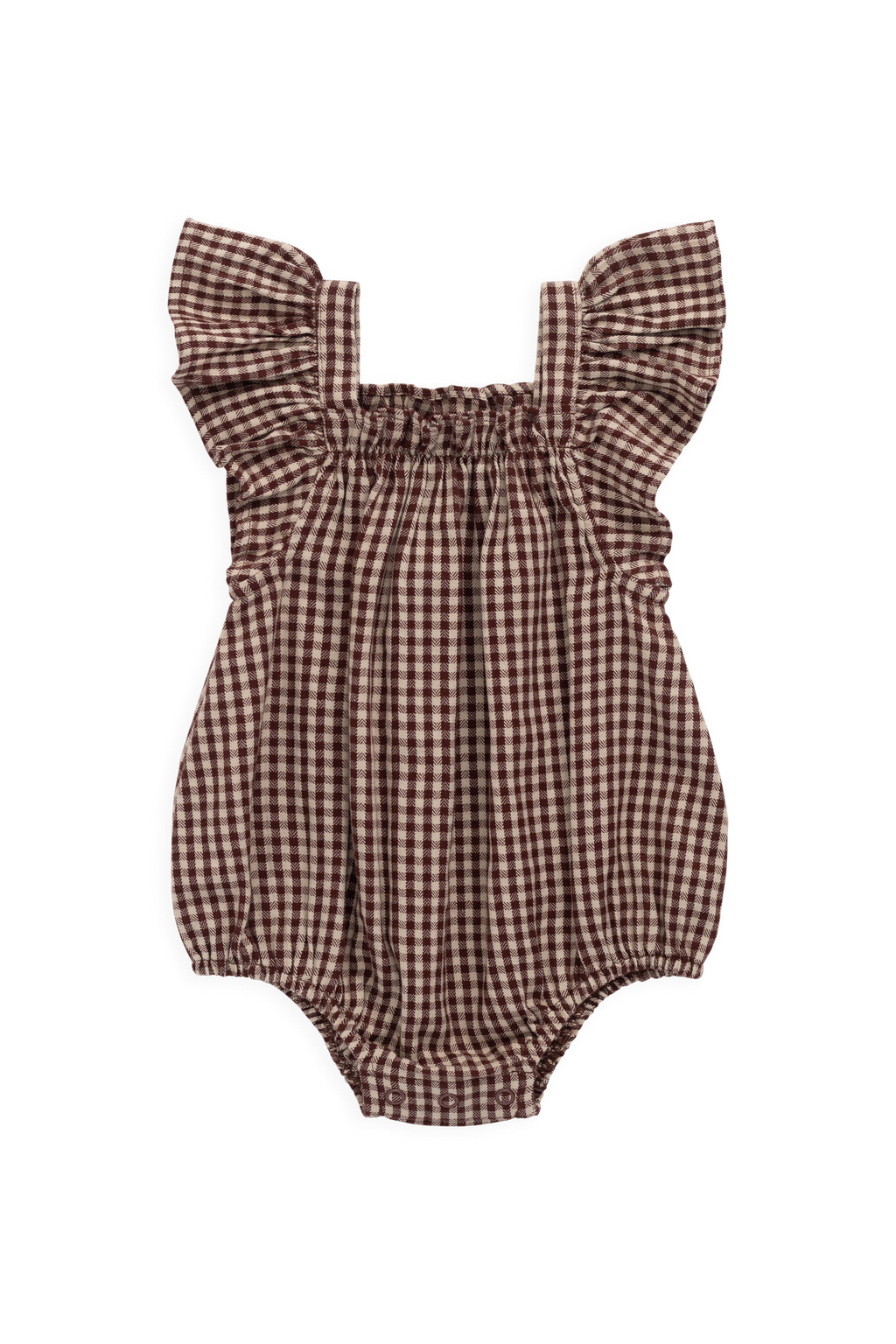 Barboteuse en coton biologique à carreaux vichy cannelle pour bébés et petites filles, avec manches volantées et corsage froncé