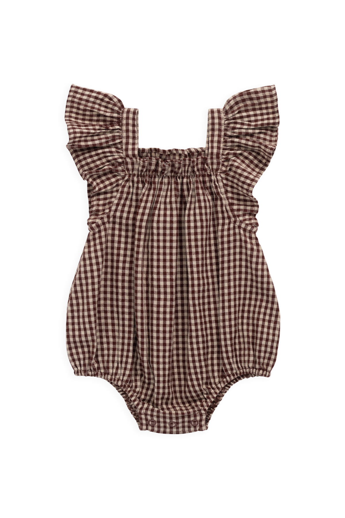 Barboteuse en coton biologique à carreaux vichy cannelle pour bébés et petites filles, avec manches volantées et corsage froncé