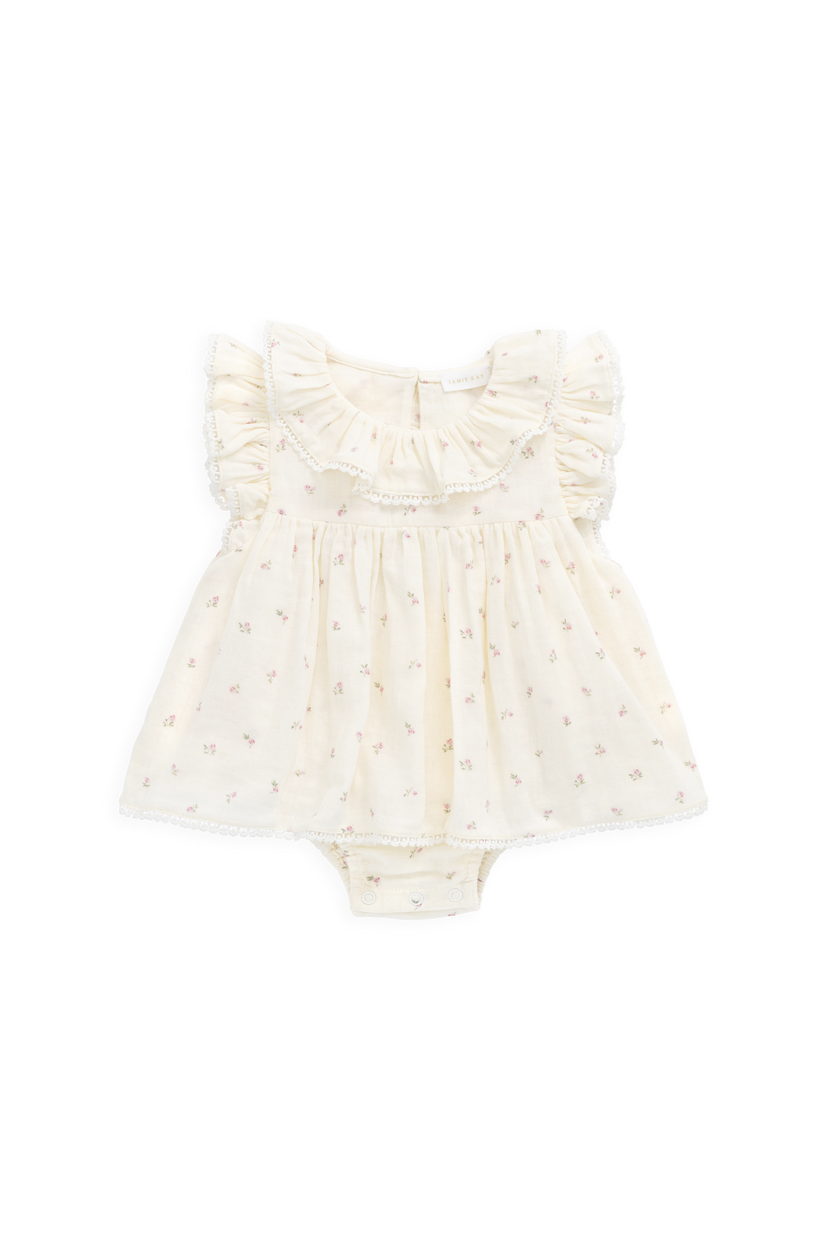 Barboteuse en mousseline de coton biologique motif fleur rose et saule pour bébé fille avec col à volants