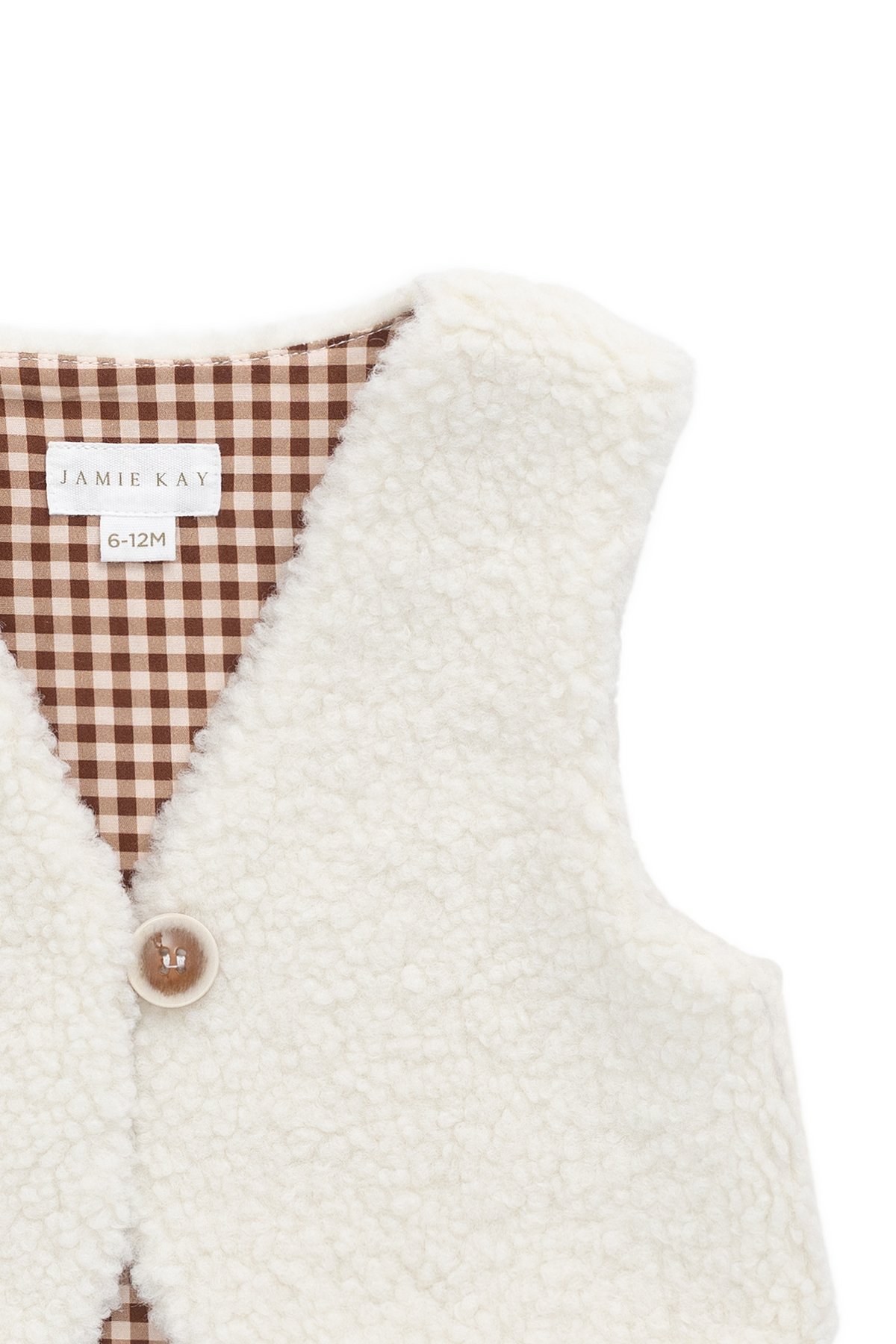 Gilet douillet en peluche de polyester naturel avec doublure vichy et bouton unique sur le devant pour enfant