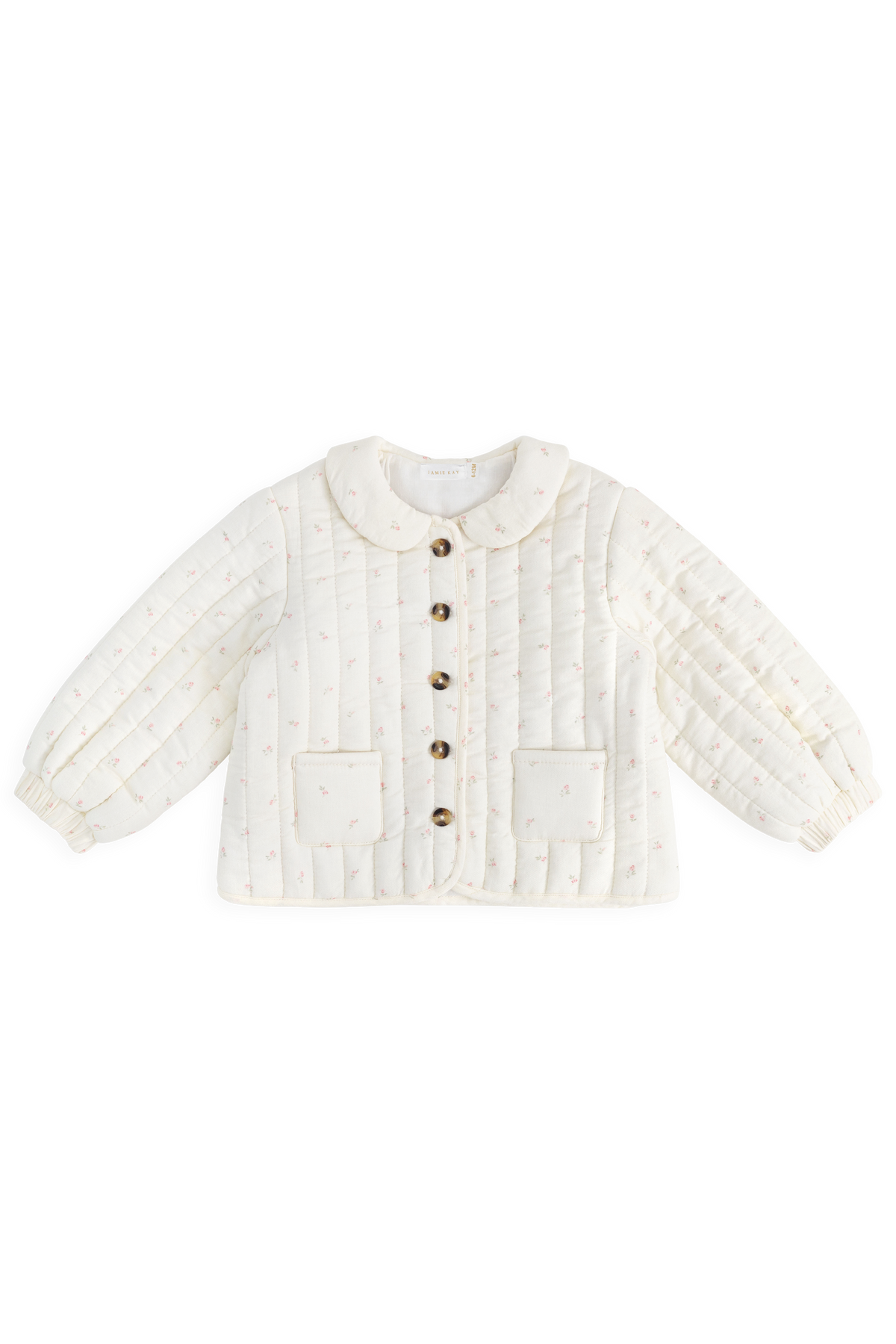 Veste matelassée en coton biologique rose et florale avec col claudine pour filles