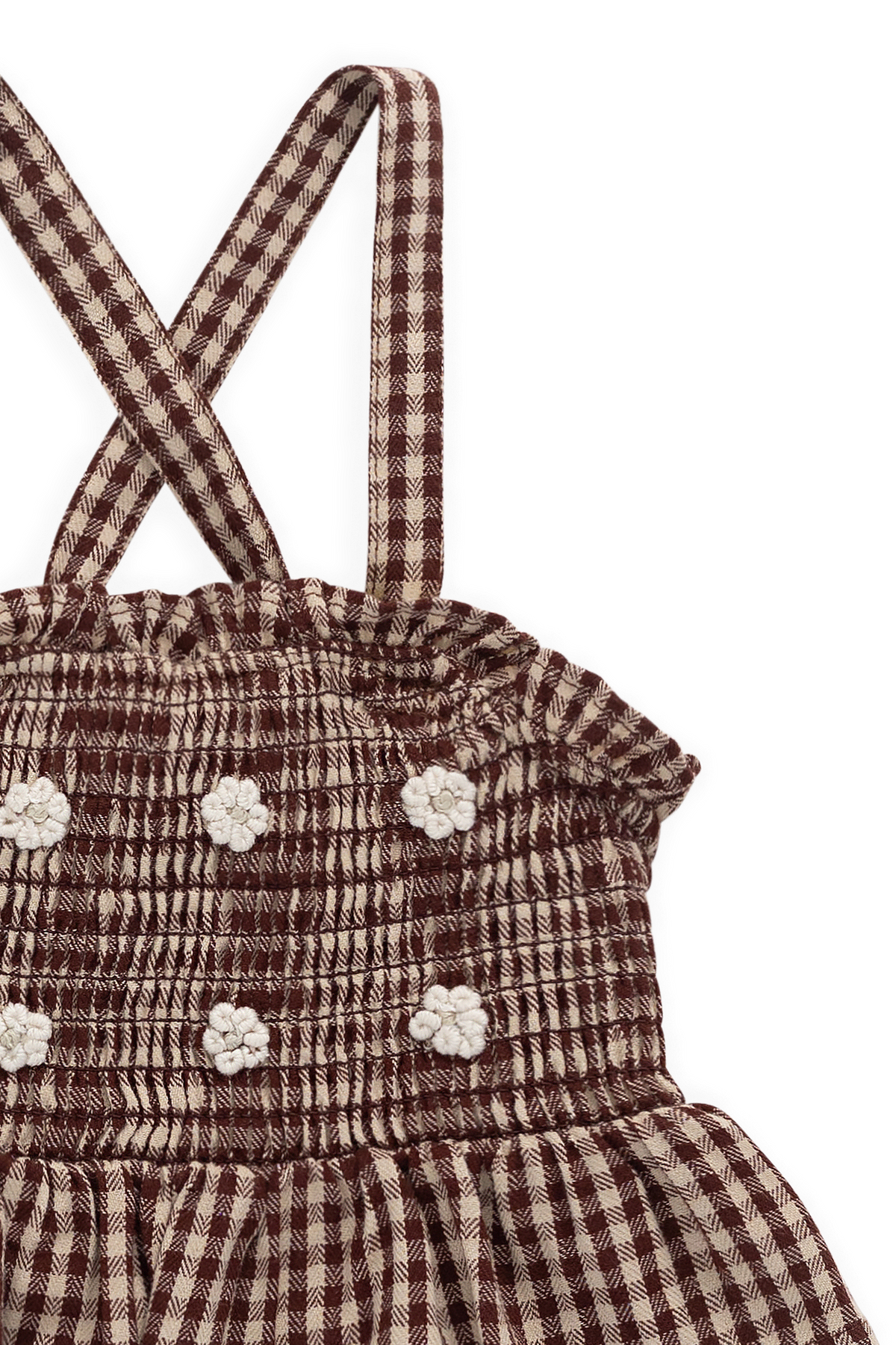Haut en coton biologique à carreaux vichy cannelle pour fille avec corsage smocké et fleurs brodées