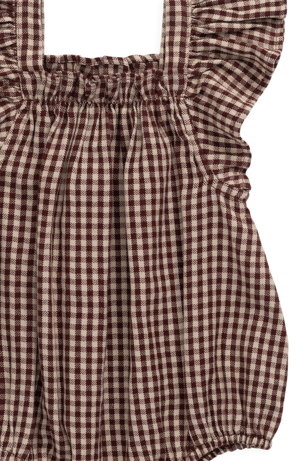 Barboteuse en coton biologique à carreaux vichy cannelle pour bébés et petites filles, avec manches volantées et corsage froncé