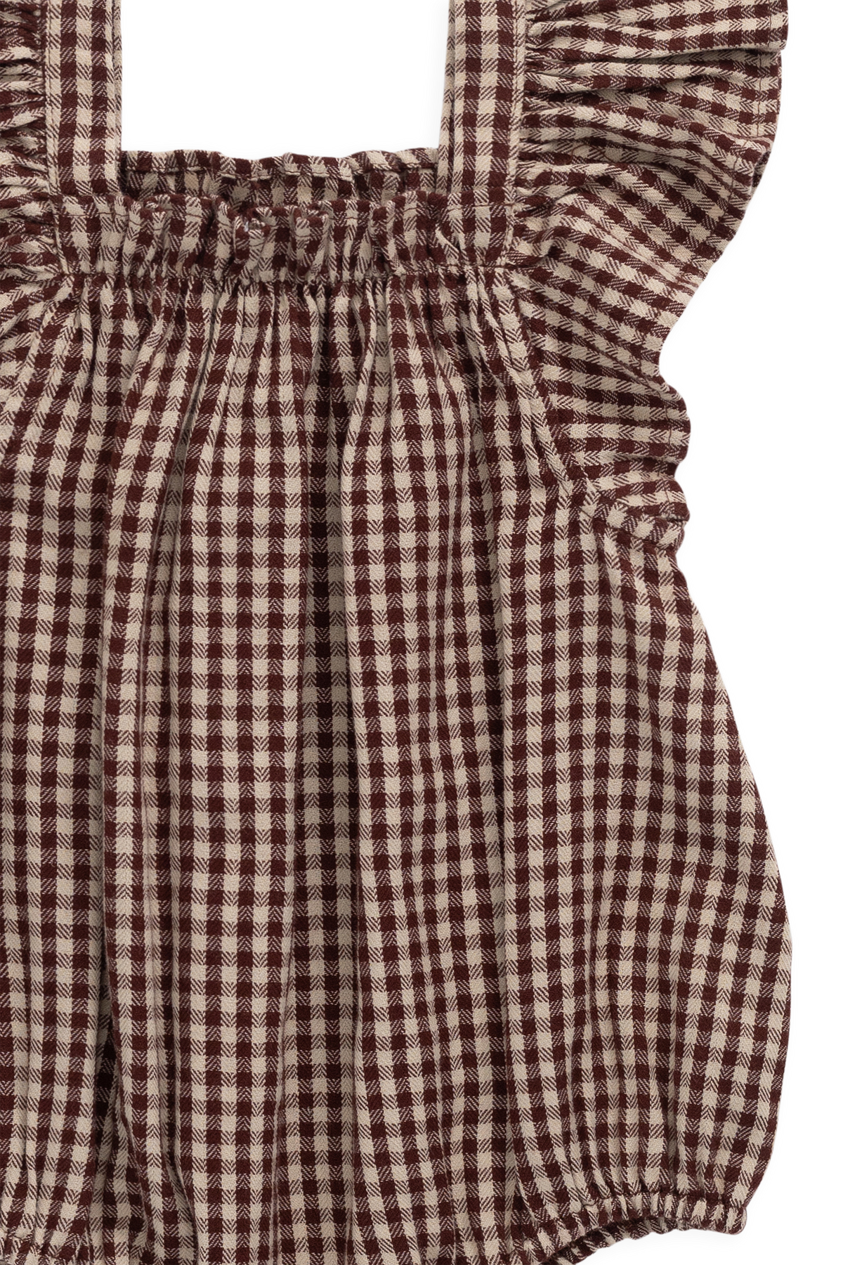 Barboteuse en coton biologique à carreaux vichy cannelle pour bébés et petites filles, avec manches volantées et corsage froncé