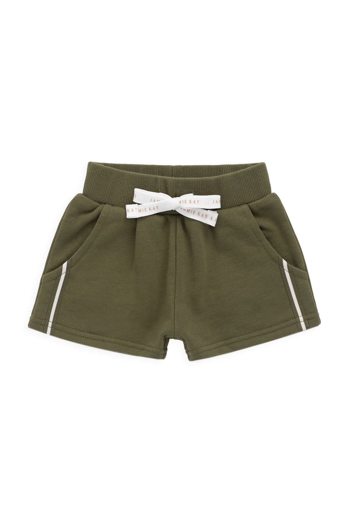 Short décontracté en coton biologique motif olive sicilienne avec taille élastique et cordon de serrage et poches latérales pour enfants
