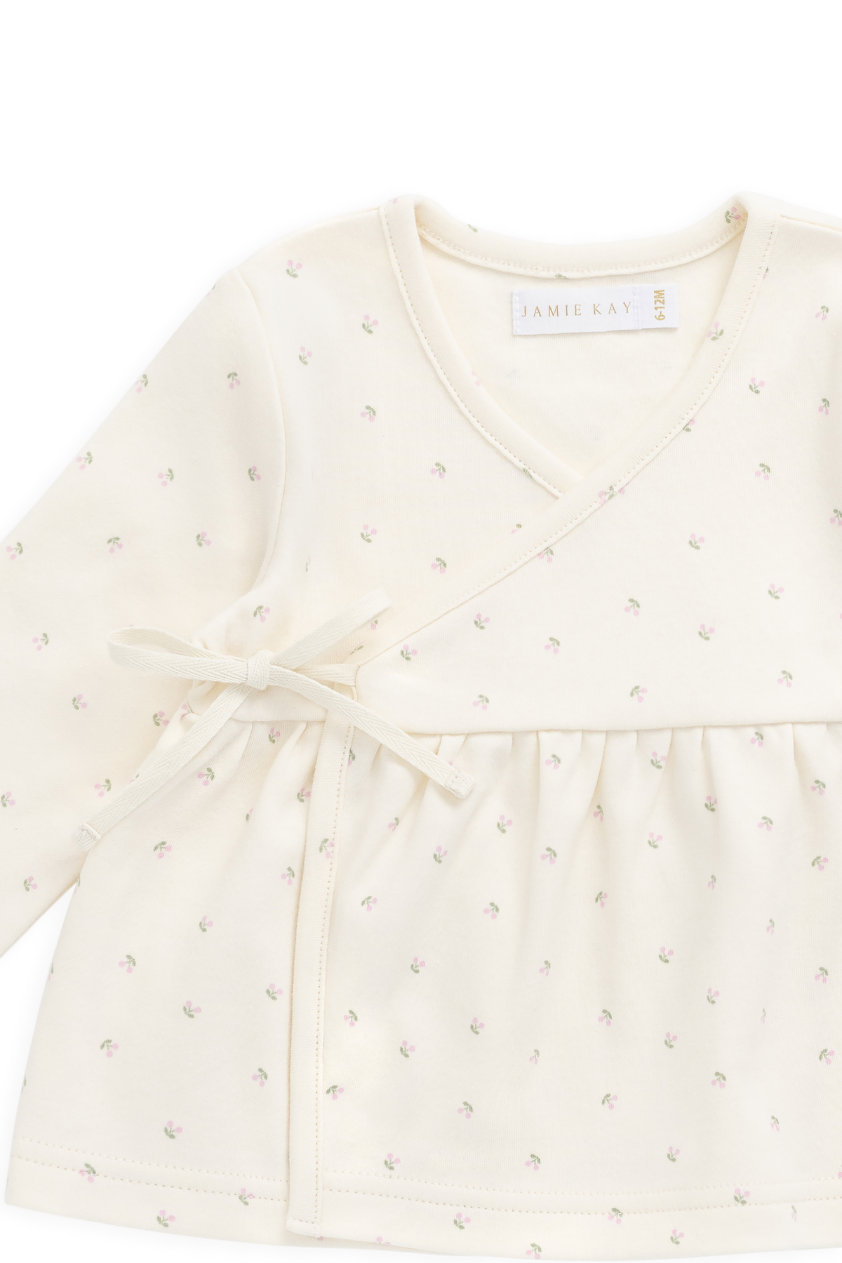 Haut cache-cœur en coton biologique à imprimé cerises avec détails à nouer pour bébés et petites filles